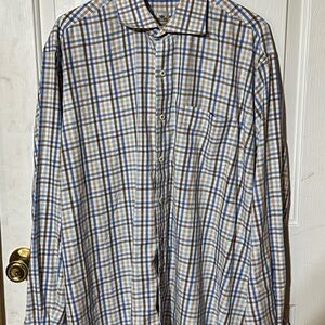 Peter Millar Blue and Tan Checkered 100% cotton button up shirt size XL
